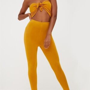prettylittlething mustard yellow tie front bodycon jumpsuit
